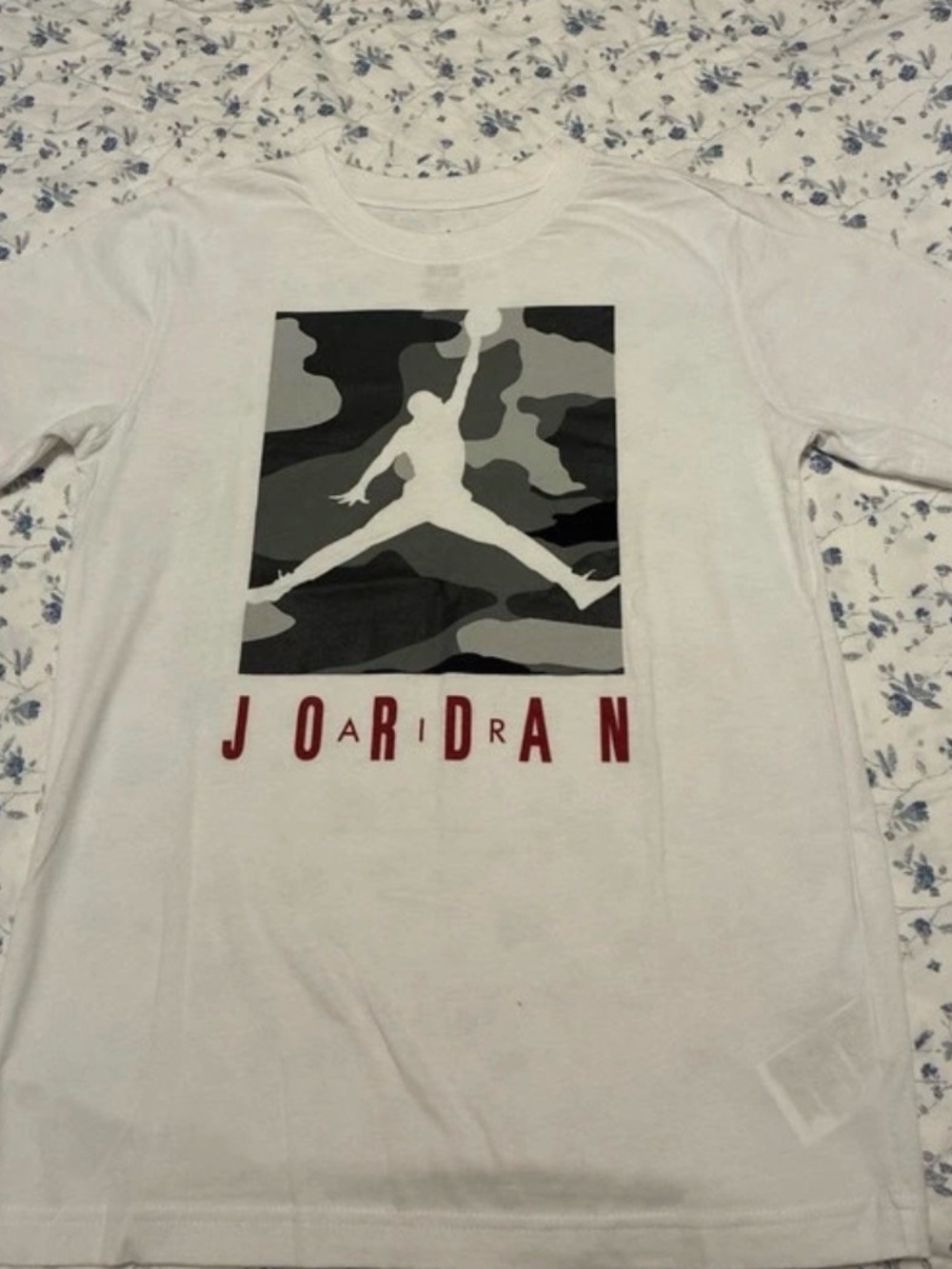 Jordan White Tee with Gray Camo Jumpman and Red Logo